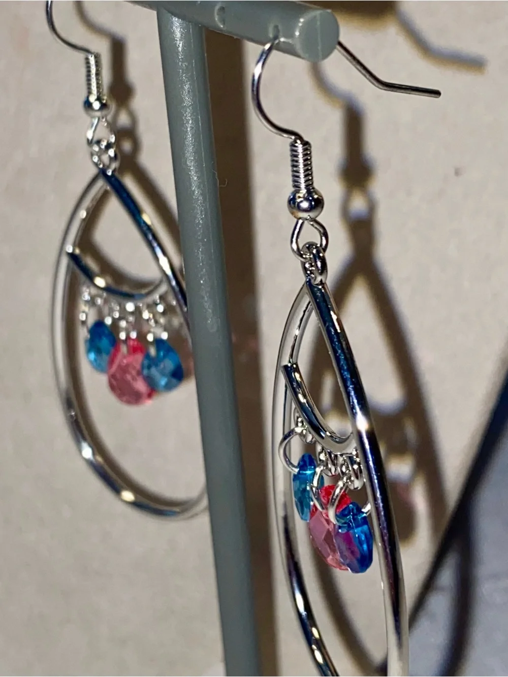 Silver Teardrop Earrings with Pink and Blue Crystal Drops
